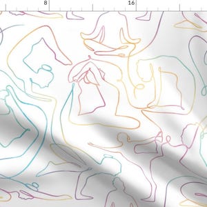 May include: A seamless pattern featuring colourful line drawings of people in various yoga poses on a white background.