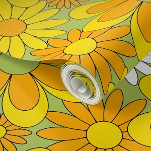 Retro Floral Removable Peel and Stick Wallpaper - 70s Yellow Orange ...