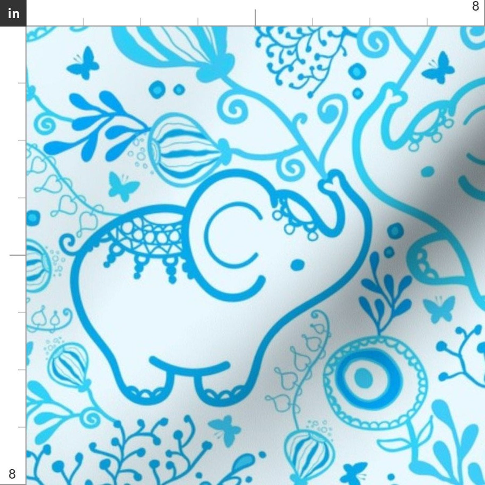 Elephant Fabric Blue Elephants With Bouquets by Oksancia | Etsy