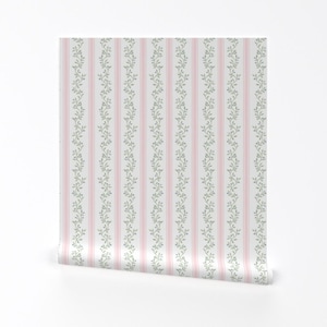 Cottagecore Stripe Removable Peel and Stick Wallpaper - Pale Pink Soft Blue Farmhouse - Wall Art Wall Decor - Libby Stripe by danika_herrick