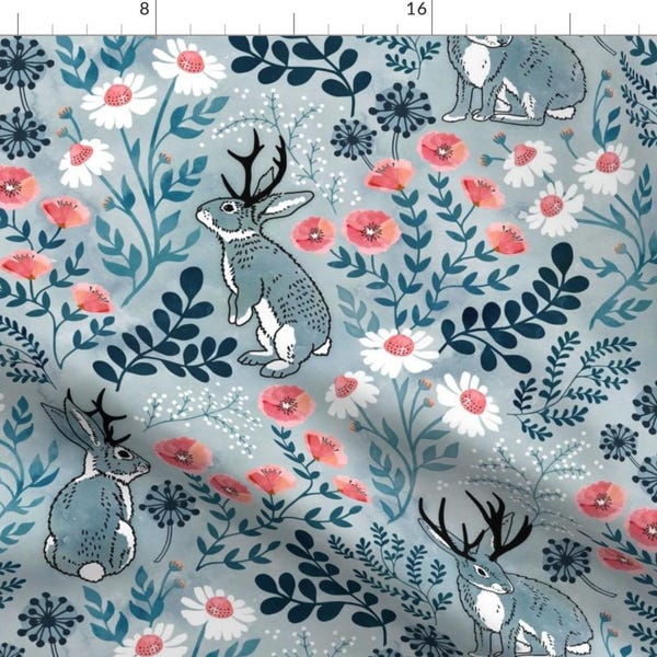 Jackalope Fabric - Jackalope Meadow By Adenaj - Blue Pink Woodland Rabbit Antlers Forest Myth Cotton Fabric By The Yard With Spoonflower