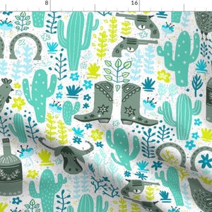 Cactus Fabric - Yeehaw Out West By Creativeinchi - Cactus Blue Cowboy Boots Chicken Western Flora Cotton Fabric By The Yard With Spoonflower