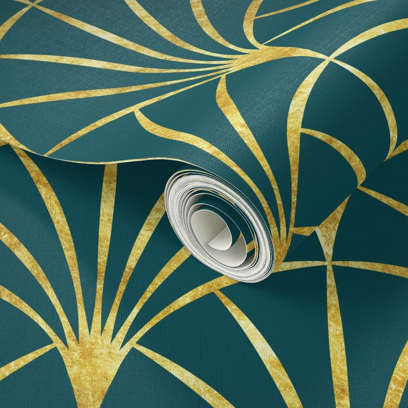 Art Deco Wallpaper Art Deco Emerald Green Thin Gold Fans by - Etsy