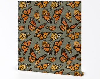 Monarch Butterflies Wallpaper - Monarchs On Sage Green 6” By Kaileyhawthorn - Custom Removable Self Adhesive Wallpaper Roll by Spoonflower