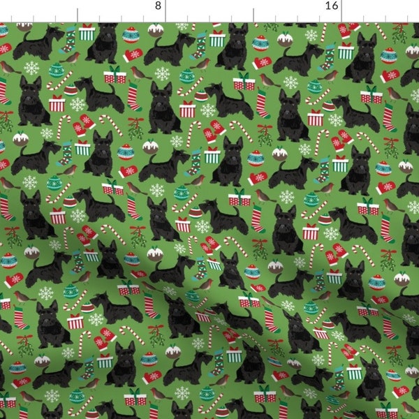 Scottish Terrier Fabric - Black Scottish Terrier Dog Green Christmas Scottie Dog By Petfriendly - Cotton Fabric by the Yard with Spoonflower