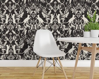 Papel pintado de gatos en blanco y negro - Damasco victoriano de gatos de Kociara - Rollo de papel pintado autoadhesivo removible con estampado personalizado de gatos de Spoonflower