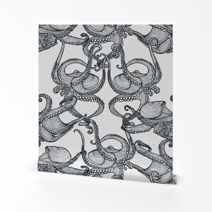 Octopi Fabric - Cephalopod Giant Octopi Black White By Patricia Braune -Nautical Squid Removable Self Adhesive Wallpaper Roll by Spoonflower
