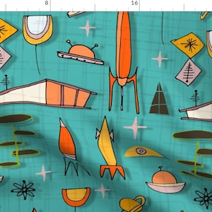 Retro Spaceship Fabric - Space Age Blues Space Station By Bruxamagica - Retro Blue Outer Space Cotton Fabric By The Yard With Spoonflower