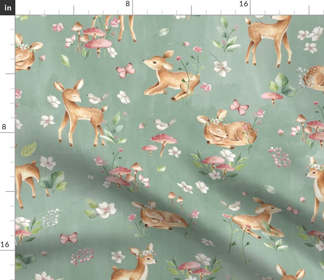 Baby Deer Fabric Large Baby Deer With Flowers Green Etsy