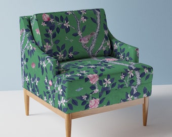 Bird In Garden Upholstery Fabric- Elsie's Garden Bright Green Navy  by danika_herrick - Leaves Floral  Fabric By The Yard With Spoonflower