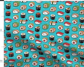Kawaii Fabric - Cute Kawaii Sushi Small Size By Penguinhouse - Kawaii Sushi Food Japanese Aqua Cotton Fabric By The Yard With Spoonflower