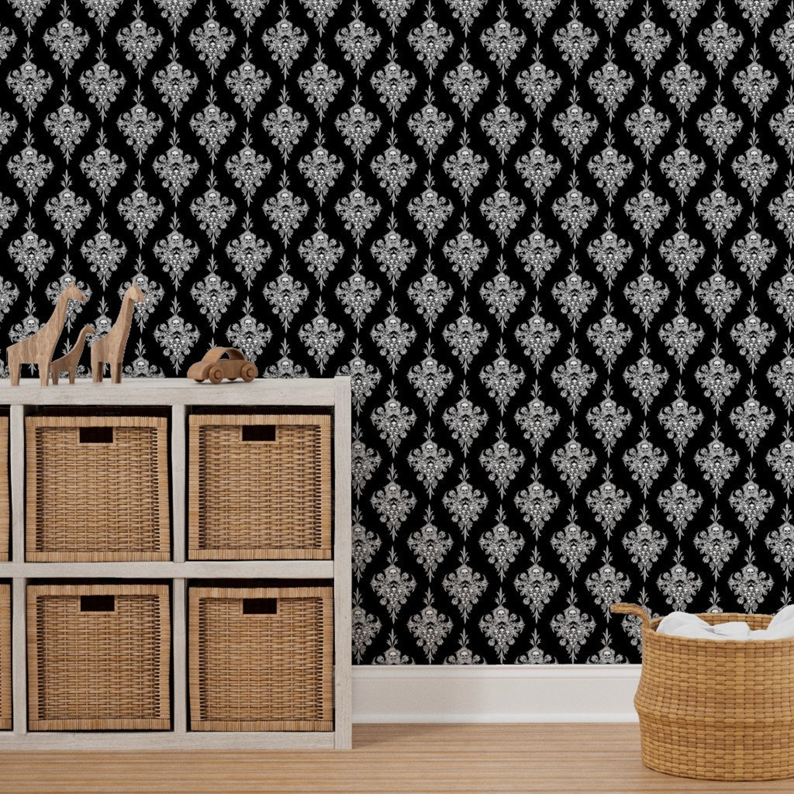 Skull Damask Wallpaper Skull Flower Damask Negative by - Etsy