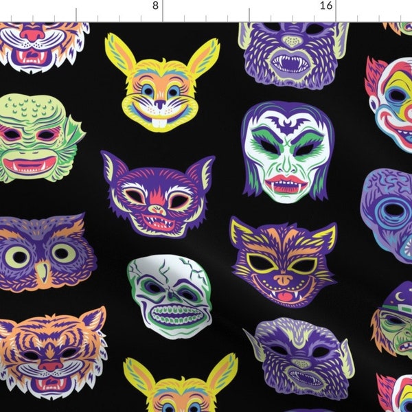 Scary Masks Fabric - Halloween Masquerade In Black By Pinkowlet - Clown Vampire Cat Witch Owl Cotton Fabric By The Yard With Spoonflower