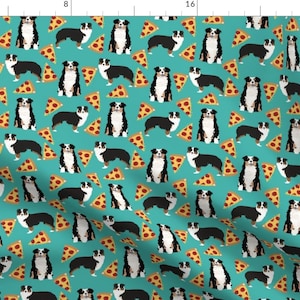Aussie Fabric - Australian Shepherd Pizza Food Dog Tricolored Aussie - Turquoise By Petfriendly - Cotton Fabric by the Yard with Spoonflower