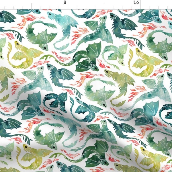 Watercolor Dragons Fabric - Dragon Fire by adenaj - Yellow Green Small Scale Rotated Flying Dragons Fabric by the Yard by Spoonflower