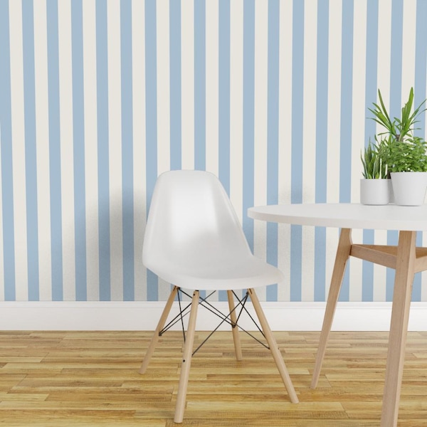 Blue Stripe Wallpaper - Icy Blue Stripe On Cream By Jenlats- Classic Baby Blue Printed Removable Self Adhesive Wallpaper Roll by Spoonflower