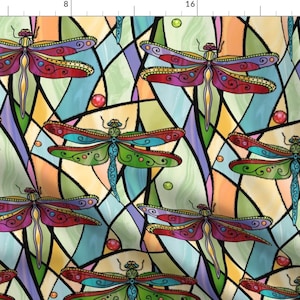 Dragonflies Fabric - Colorful Art Deco Dragonfly On Stained Glass Windows By Designed By Debby - Cotton Fabric By The Yard With Spoonflower