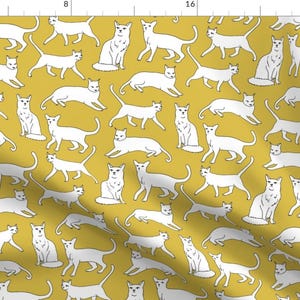 Cat Fabric - Cats // Cat Mustard Yellow Cat Lady Pet By Andrea Lauren - Cat Mustard White Black Cotton Fabric By The Yard With Spoonflower