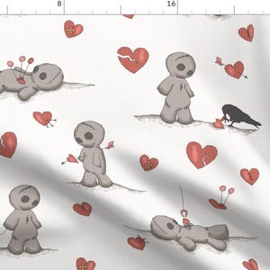 May include: A white background with a repeating pattern of gray rag dolls, red broken hearts, and red arrows. Some of the dolls are lying down with pins in them, while others are standing with arrows in their chests. There is also a black crow with a red heart in its beak.