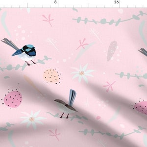 Fairy Wren Pink Birds Fabric - Fairy Wrens Eucalyptus Billy Button By Mountvicandme - Pink Birds Cotton Fabric By The Yard With Spoonflower