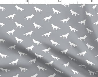 German Shepherd Silhouette On Gray Fabric - German Shepherd Silhouette Dog By Petfriendly - Dogs Cotton Fabric By The Yard With Spoonflower