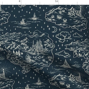 Whimsical Fabric - Fantasy World Blue by alenaganzhela - Night Sky Fantasy Cartography Castle Stars Moon Fabric by the Yard by Spoonflower