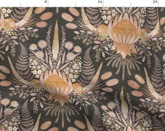 Boho Fabric - Australian Blooms Slate by helenpdesigns - Floral Botanical Fern Thistle Earthy Eucalyptus Fabric by the Yard by Spoonflower