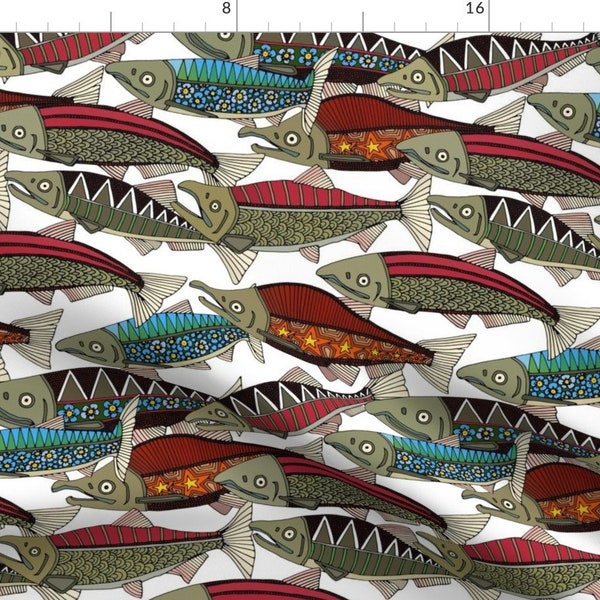 Salmon Fish Fabric - Alaskan Salmon White by scrummy - Rustic Salmon Alaska Red Blue White Fishing Fabric by the Yard by Spoonflower