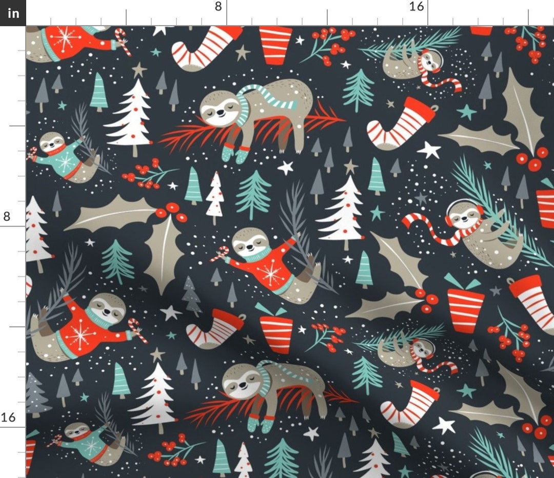 Christmas Sloth Fabric Slothy Holidays Coal Black by Heatherdutton