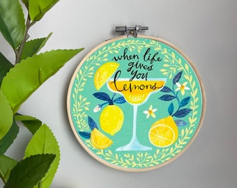 Lemons Embroidery Template on Cotton - When Life Gives By Cynthiafrenette - Embroidery Pattern for 6" Hoop Custom Printed by Spoonflower