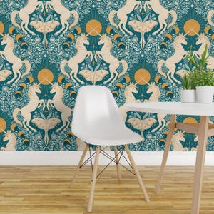 Gothic Damask Peel and Stick Wallpaper - Celestial Mythical Moon Phases  - Removable Wall Decor Art - Unicorn Damask by serena_archetti