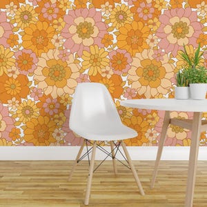 Vintage Wallpaper - Avery Retro Floral By Red Raspberry Design -Pink Orange 70s Flower Removable Self Adhesive Wallpaper Roll by Spoonflower