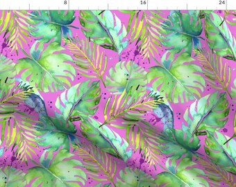 Tropical Leaves Fabric - Tropical Plants On Magenta By Karismithdesigns - Summer Botanical Cotton Fabric By The Yard With Spoonflower