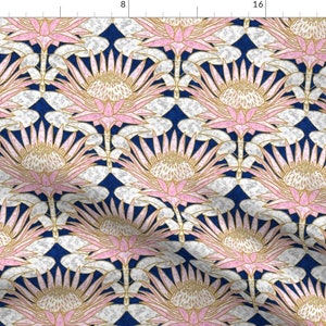 Pink Floral Fabric - Blush King Protea Art Deco (Midnight) Smaller By Helenpdesigns - Protea Cotton Fabric By The Yard With Spoonflower