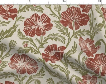 Art Nouveau Fabric - Block Poppy Olive And Red by apostrofodesign - William Morris Arts And Crafts Rustic Fabric by the Yard by Spoonflower