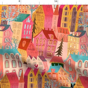 City Fabric - My Colorful Window View By Miraparadies - Cityscape Pink Mustard Yellow Homes Bold Cotton Fabric By The Yard With Spoonflower
