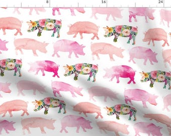 Pigs Pink Watercolor Farm Animals Fabric - Floral + Watercolor Pigs By Ivieclothco - Pigs Cotton Fabric By The Yard With Spoonflower