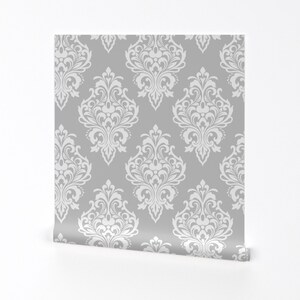 Damask Wallpaper - Modern Damask-Gray White By Ciel Bleu Design - Gray Custom Printed Removable Self Adhesive Wallpaper Roll by Spoonflower