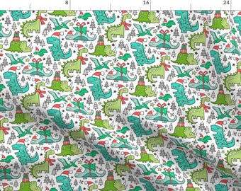 Christmas Dinos Fabric - Christmas Holidays Dinosaurs Trees Smaller Scale By Caja Design - Dino Cotton Fabric By The Yard With Spoonflower
