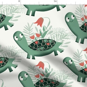 Turtle Fabric - Tortoise And Flowers Cream By Retrorudolphs -Kawaii Mid Century Mod Retro Vintage Cotton Fabric By The Yard With Spoonflower
