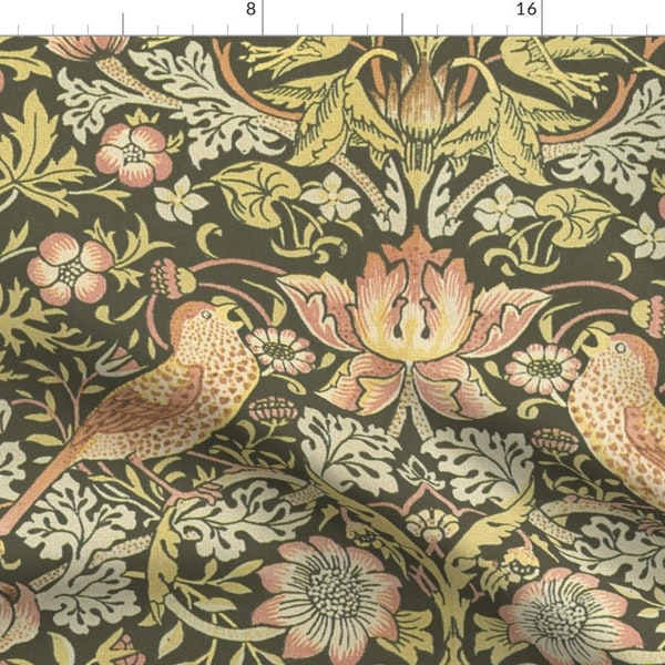 Victorian Fabric - Strawberry Thief by peacoquettedesigns - Olive Green Edwardian Strawberry  Fabric by the Yard by Spoonflower