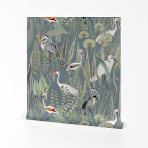 Cranes Removable Peel and Stick Wallpaper - Herons Slate Blue Gray Birds - Wall Art Wall Decor - Herons In Marsh by down_river_homegoods