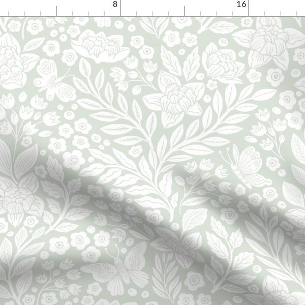 Pastel Green Floral Fabric - Butterfly Garden by rebelform - Silhouette Mint Botanical White Flowers  Fabric by the Yard by Spoonflower