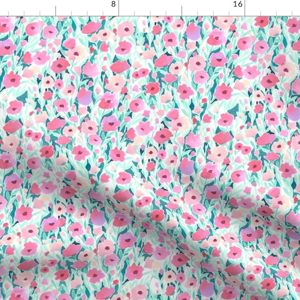 Pink Green Watercolor Floral Fabric - Flower Field Pink Mint By Mjmstudio - Watercolor Floral Cotton Fabric By The Yard With Spoonflower