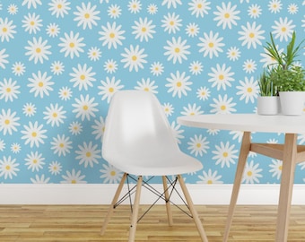 Floral Wallpaper - Flower Daisies On Blue By Thecollectivelux - Blue Girls Summer Cute Removable Self Adhesive Wallpaper Roll by Spoonflower
