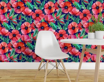 Watercolor Poppies Wallpaper - Plenty Of Poppies Watercolor By Micklyn- Custom Printed Removable Self Adhesive Wallpaper Roll by Spoonflower