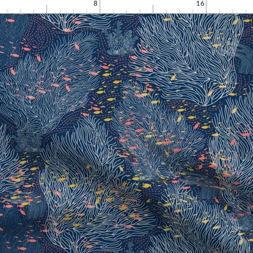Coral Blue Nautical Ocean Fabric Coral Reef and Small Fishes Etsy