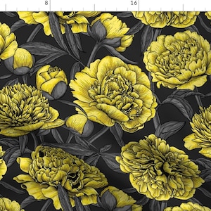 Botanical Fabric - Night Peony Garden By Katerina Kirilova - Yellow Gray Charcoal Floral Large Cotton Fabric By The Yard With Spoonflower