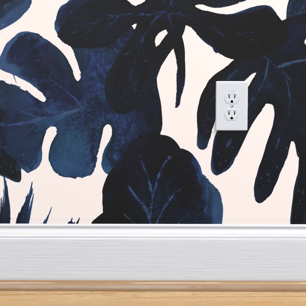 Navy Jungle Wallpaper Tropical Leaves Midnight by Crystal Etsy