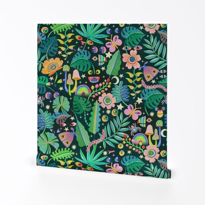 Whimsical Peel and Stick Wallpaper - Illustrative Floral Trippy Psychedelic - Removable Wall Decor Art - Monsteras And Monsters by rebelform image 2